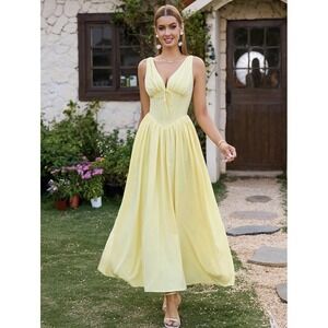 GLNEGE Womens Summer Corset Midi Milkmaid Dress V Neck Flowy A Line Sundress L